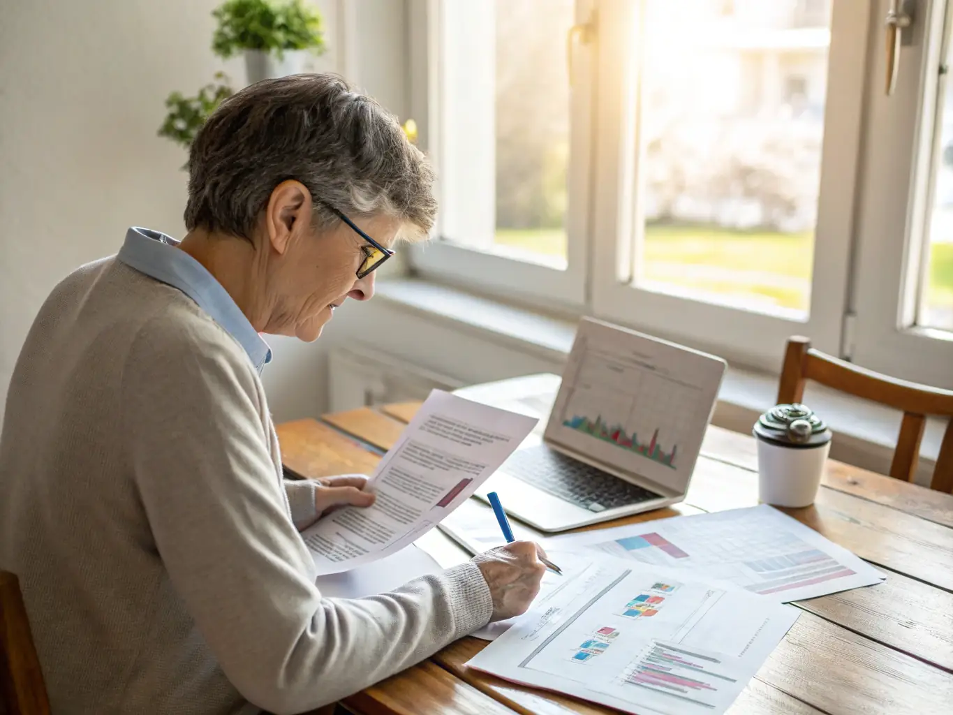 A person confidently planning their retirement with a tablet, showcasing long-term financial planning.