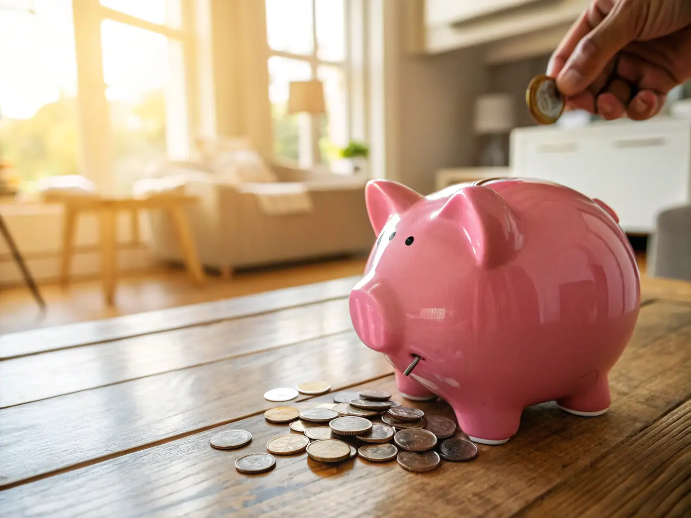A person happily putting coins into a piggy bank, symbolizing saving and financial security.