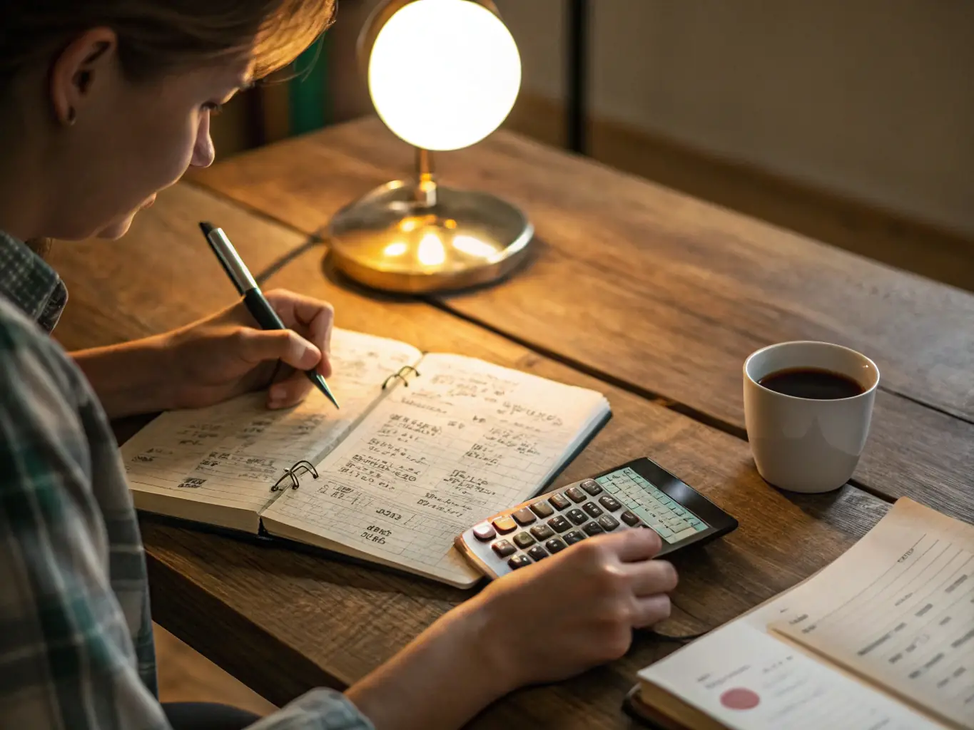 A person reviewing their budget on a laptop, with a cup of tea and a notepad nearby, in a cozy home setting.
